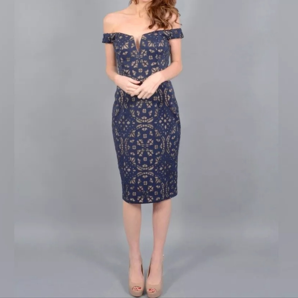 NWT, Xscape Navy Blue Laser Cut Illusion Dress